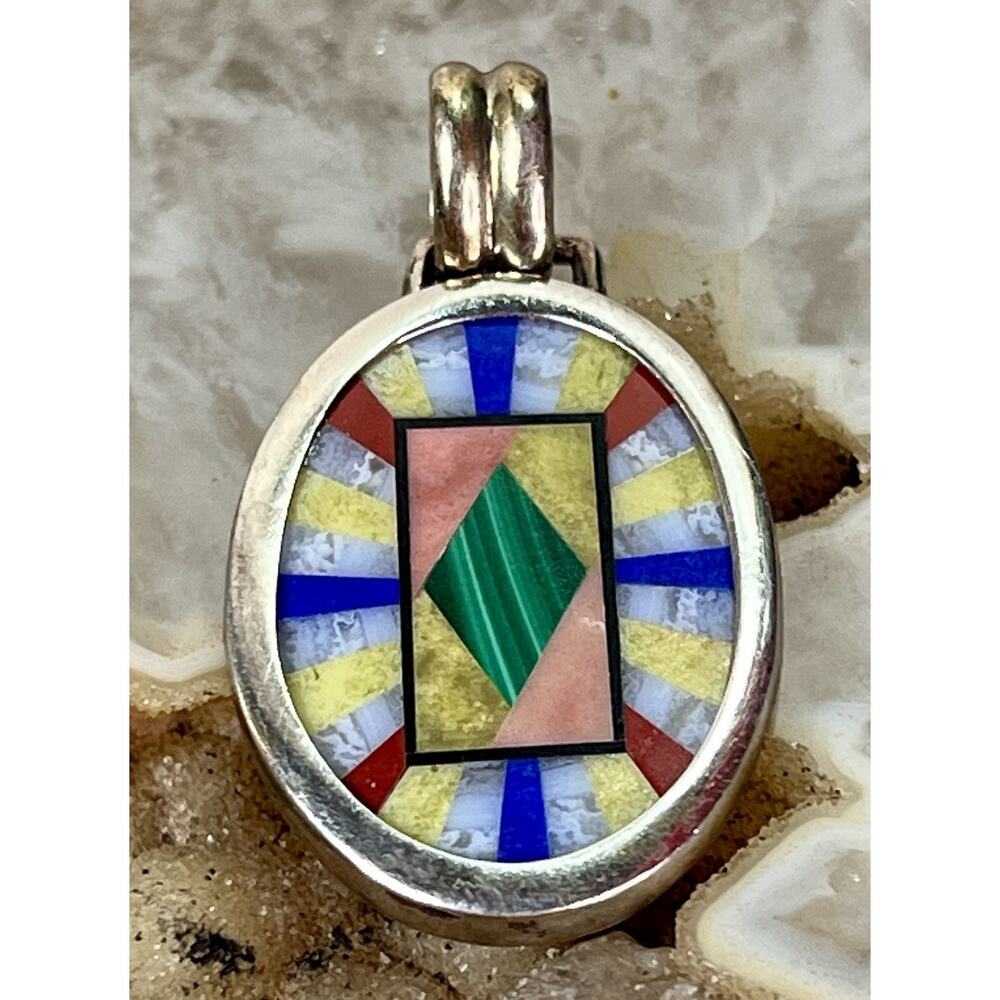 Whitney Kelly Sterling Silver Multi Gemstone Inlay Pendant Oval 925 Signed